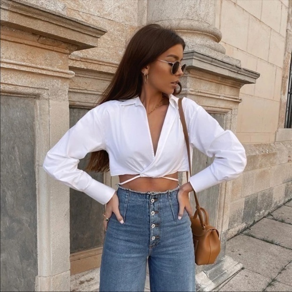 White Long Sleeve Cropped Shirt Waist Tie Small